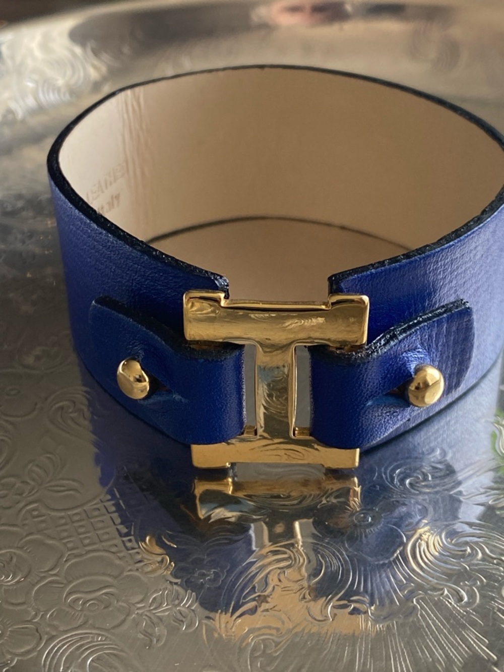 2015 Blue Leather Cuff Bracelet Gold Tone Buckle Genuine Leather Italy